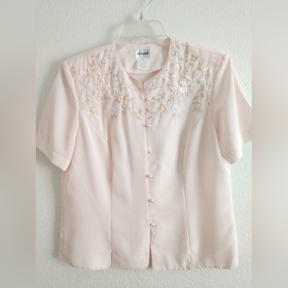 Pretty Vintage Liz Baker Pastel Pink Blouse Shirt Short Sleeve Embroidered 10